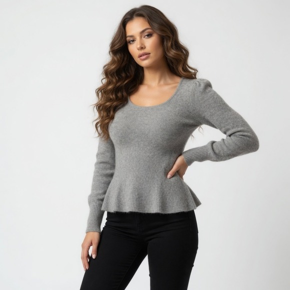 U knit Sweaters - U-Knit Pure Cashmere Women's XL Gray Flannel Puff Sleeve Ribbed Pullover Sweater